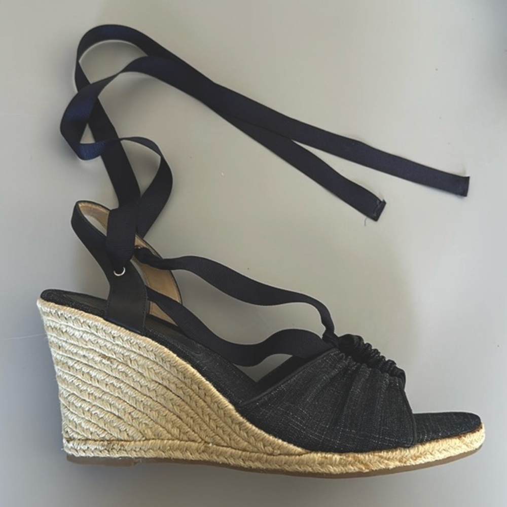 Ann Taylor denim and leather high wedge espadrilles with ribbon ankle wraps